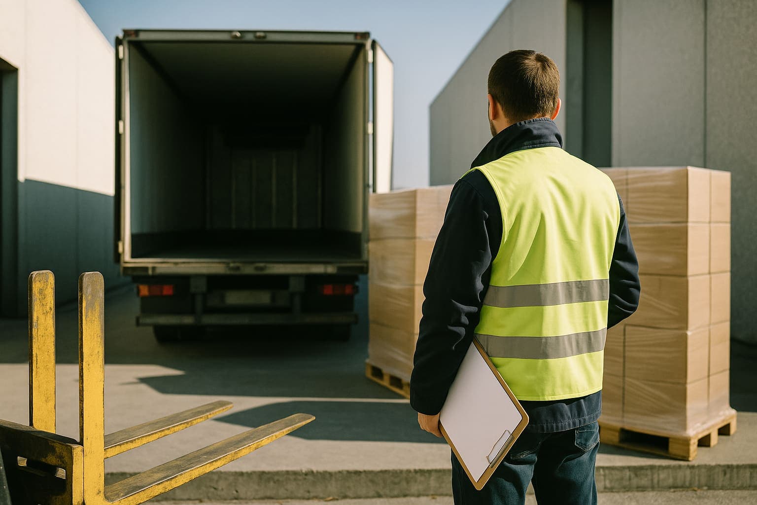 A loading bay in the morning, with a curtain-sided truck and pallets ready to go
