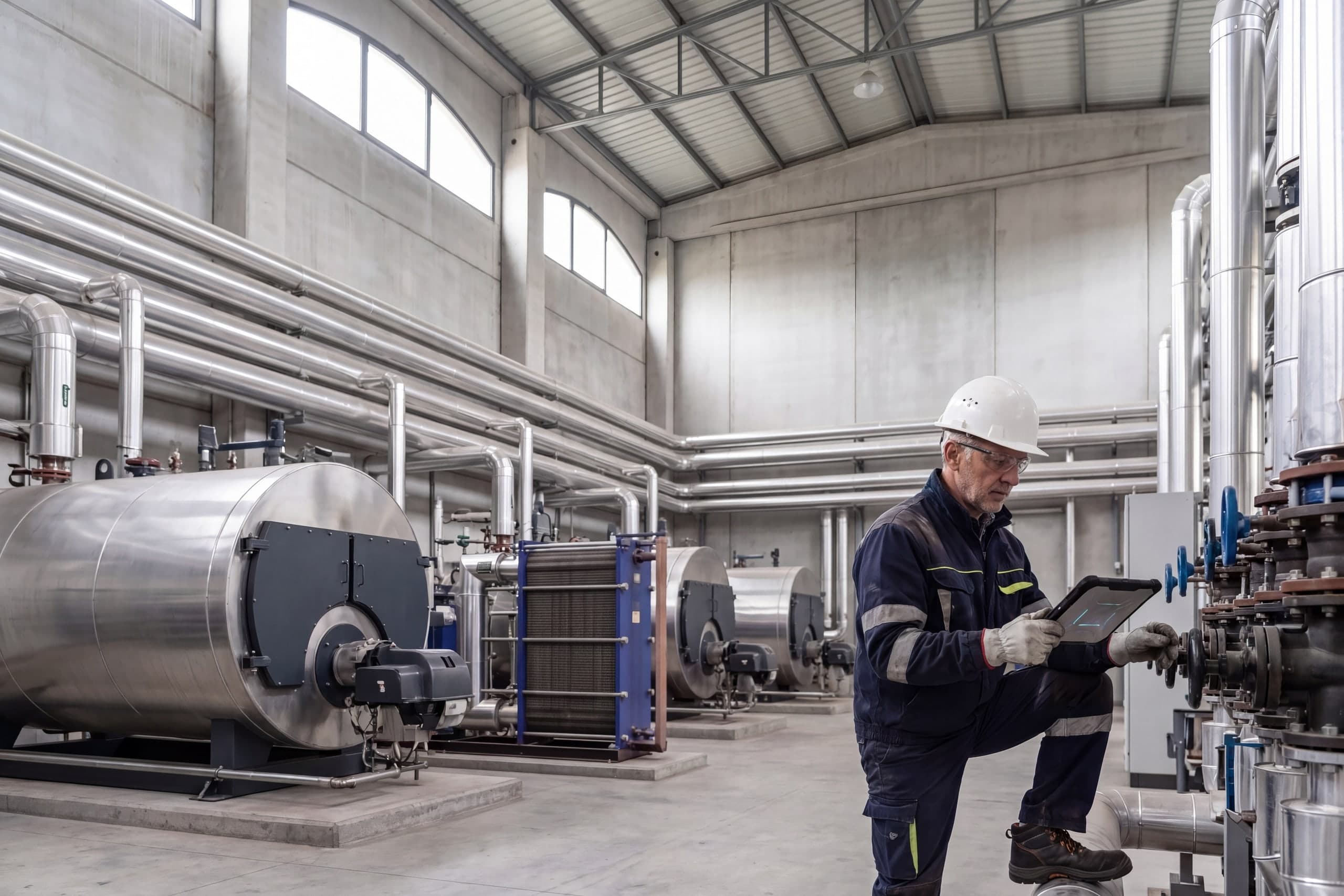 Plant room with a steel boiler and a blue heat exchanger; a person wearing PPE adjusts a valve while holding a tablet.