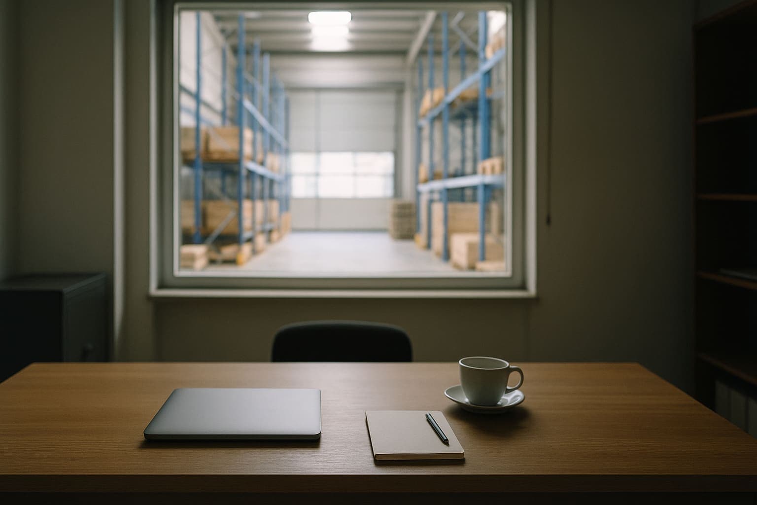 A desk with a laptop, notebook and cup, facing an internal window that looks onto the warehouse racking