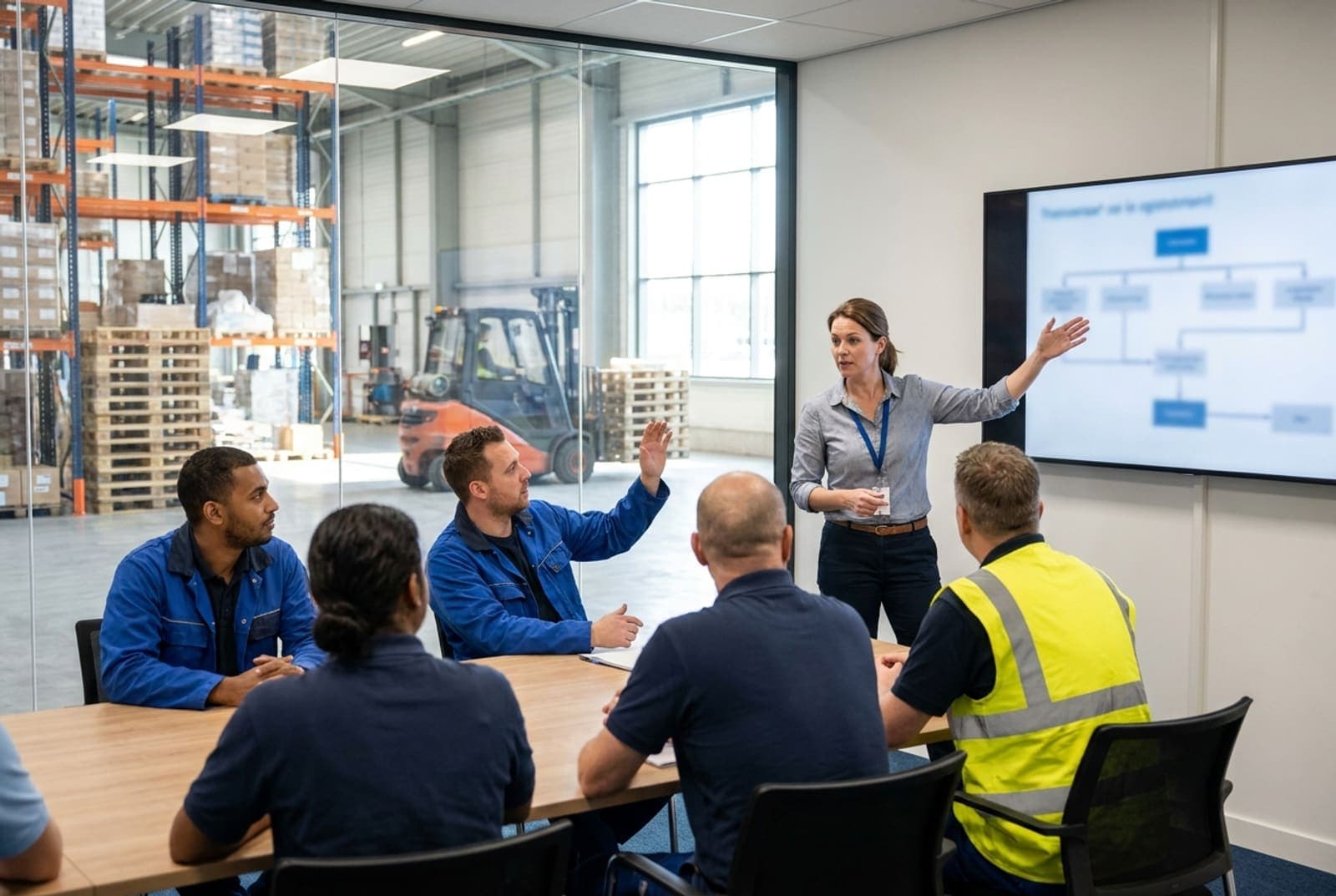 A trainer explains a workflow to office staff and drivers in a meeting room overlooking the warehouse. AI-generated image.