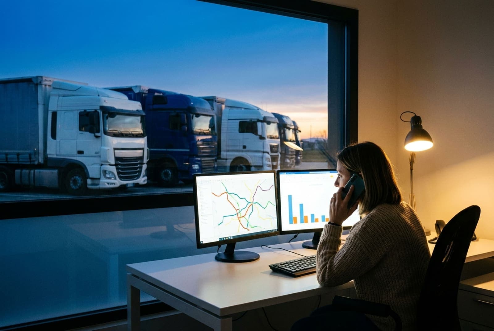 A planner in a traffic office at dawn, facing two screens showing the trip schedule. AI-generated image.