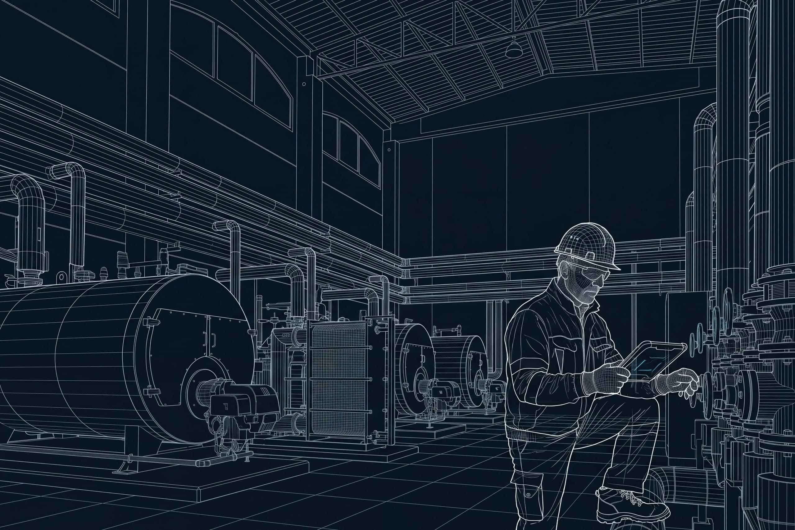 Gemello digitale della centrale termica: caldaia, scambiatore, tubazioni e persona con tablet rappresentati a linee.